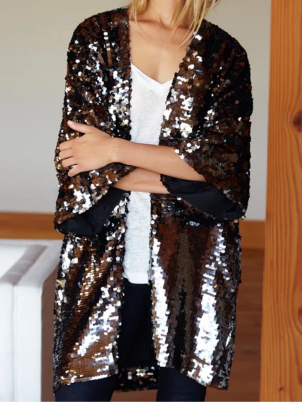 Emerson Fry Sequin Kimono Jacket Open Front in Gunmetal Silver XS/S